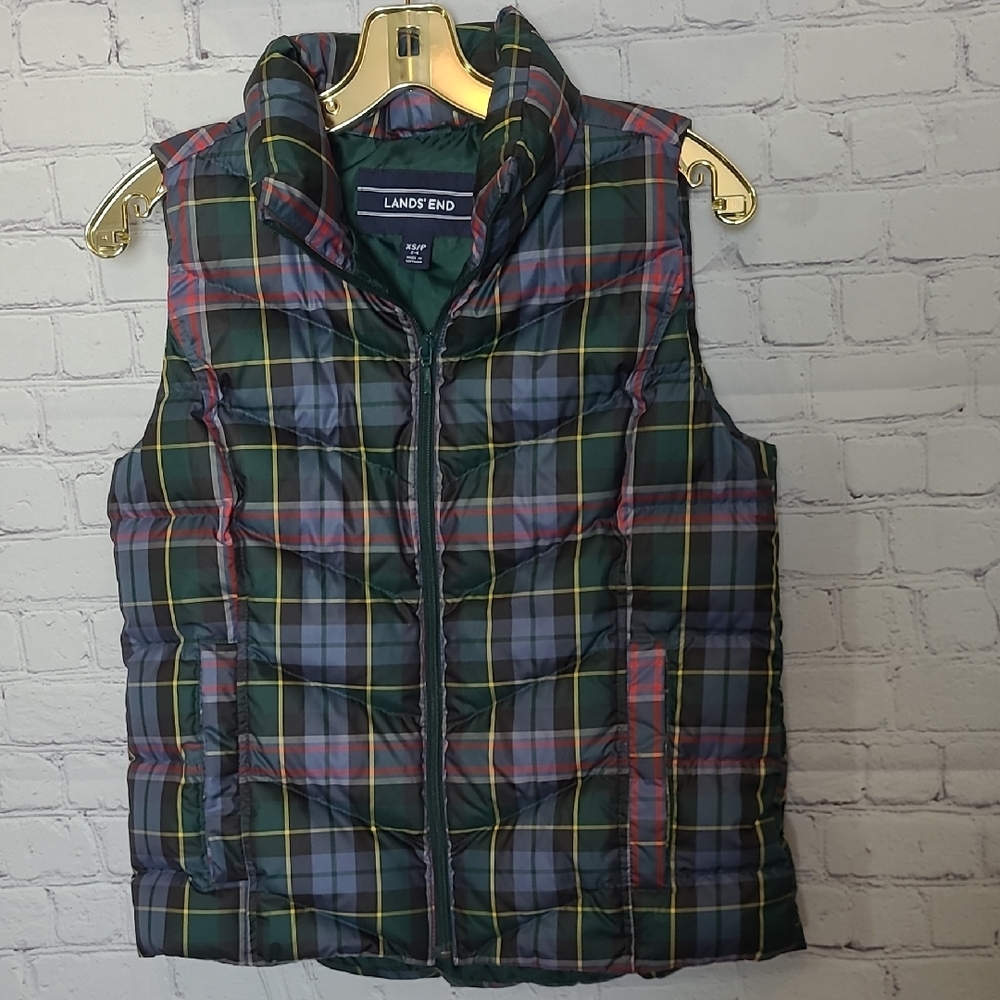Lands' End Size XS(2-4) Puffer Vest Blue Green Plaid Down Feather Fill